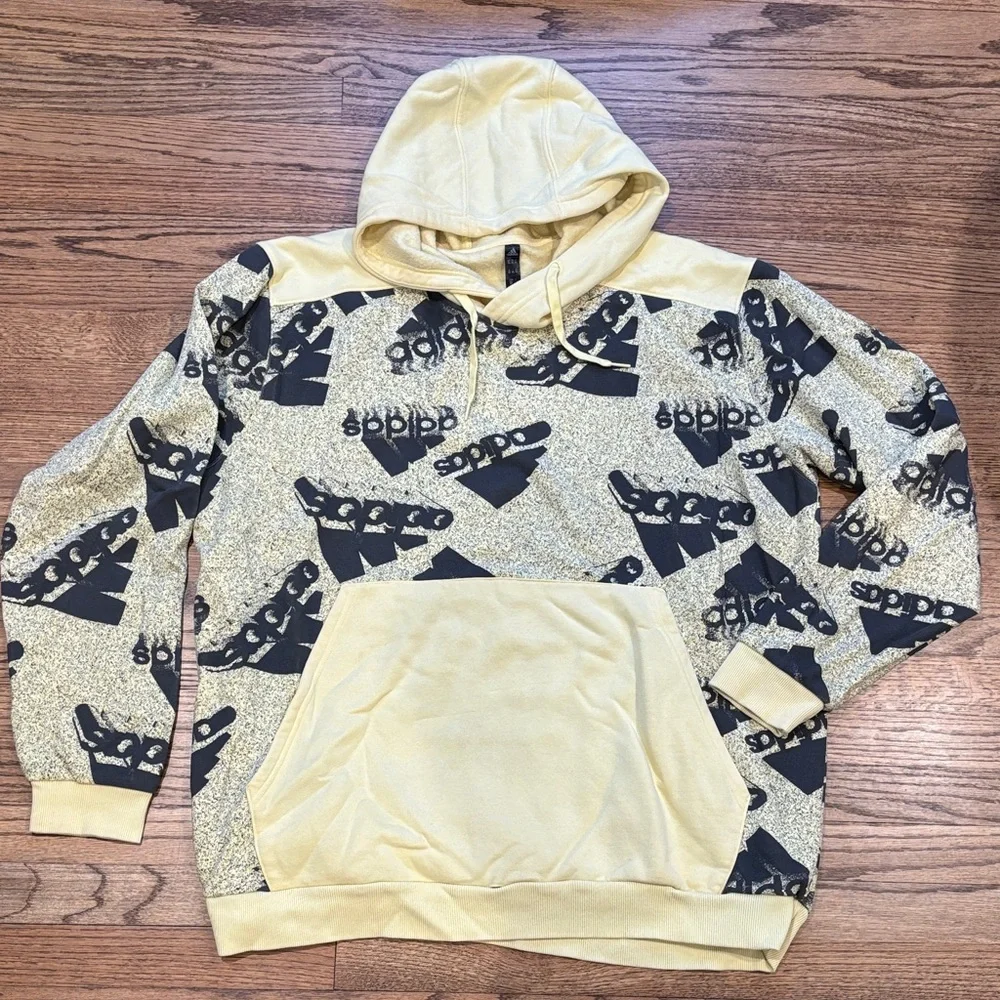adidas Yellow Hoodie with Black All-Over Logo Print 2XL